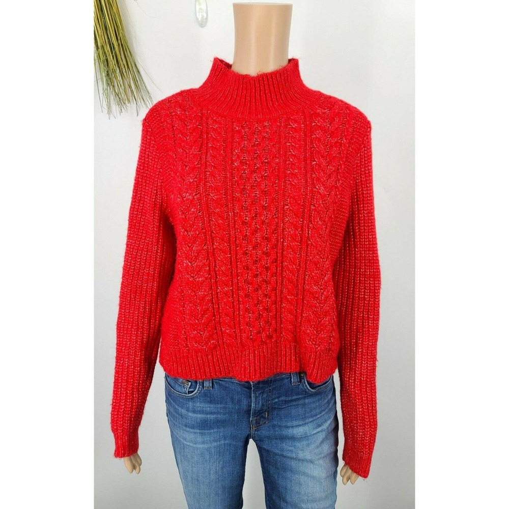 Loft Sweater Red Turtleneck Cable Knit Long Sleeve